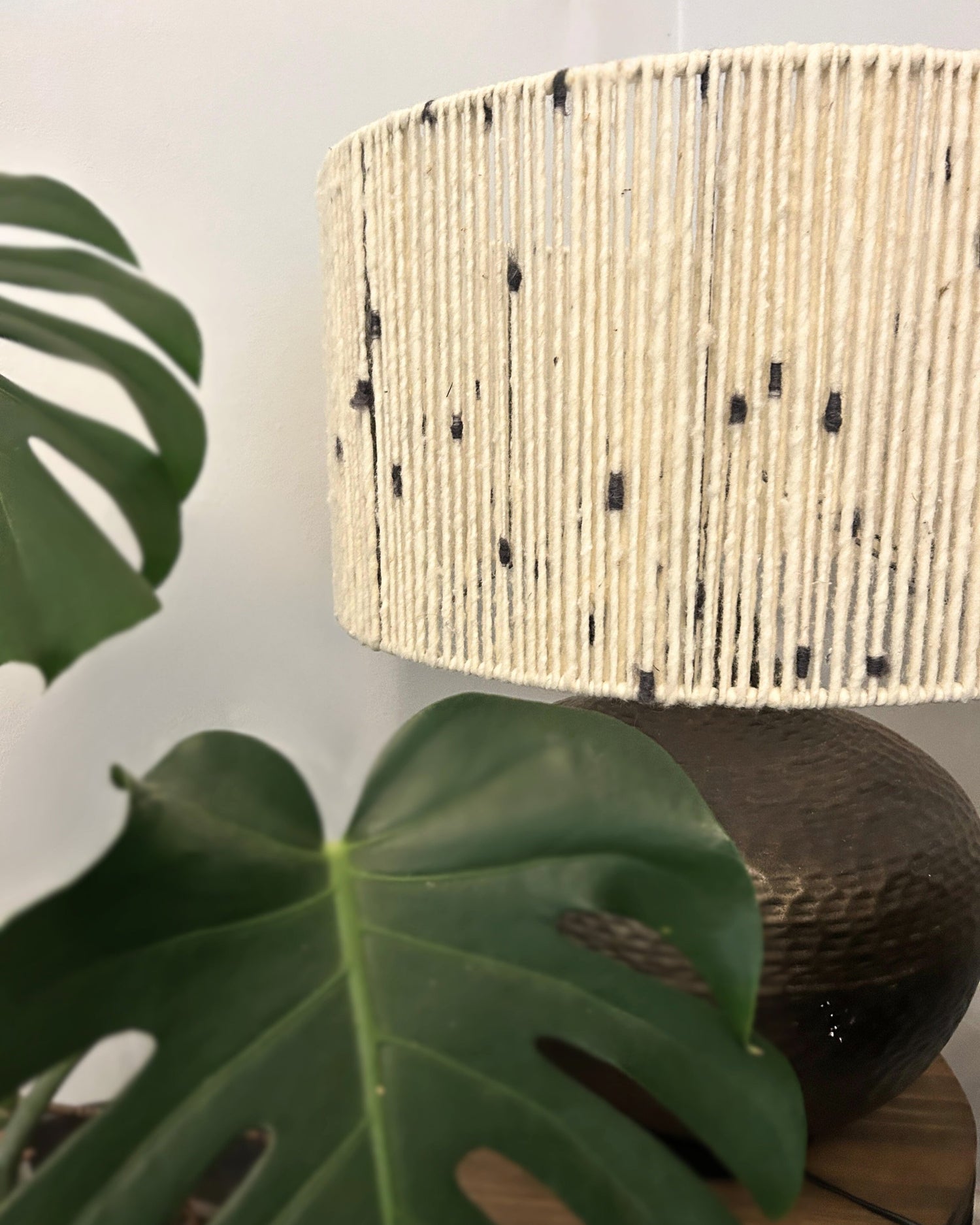 Close-up of a textured lampshade with a plant in the foreground